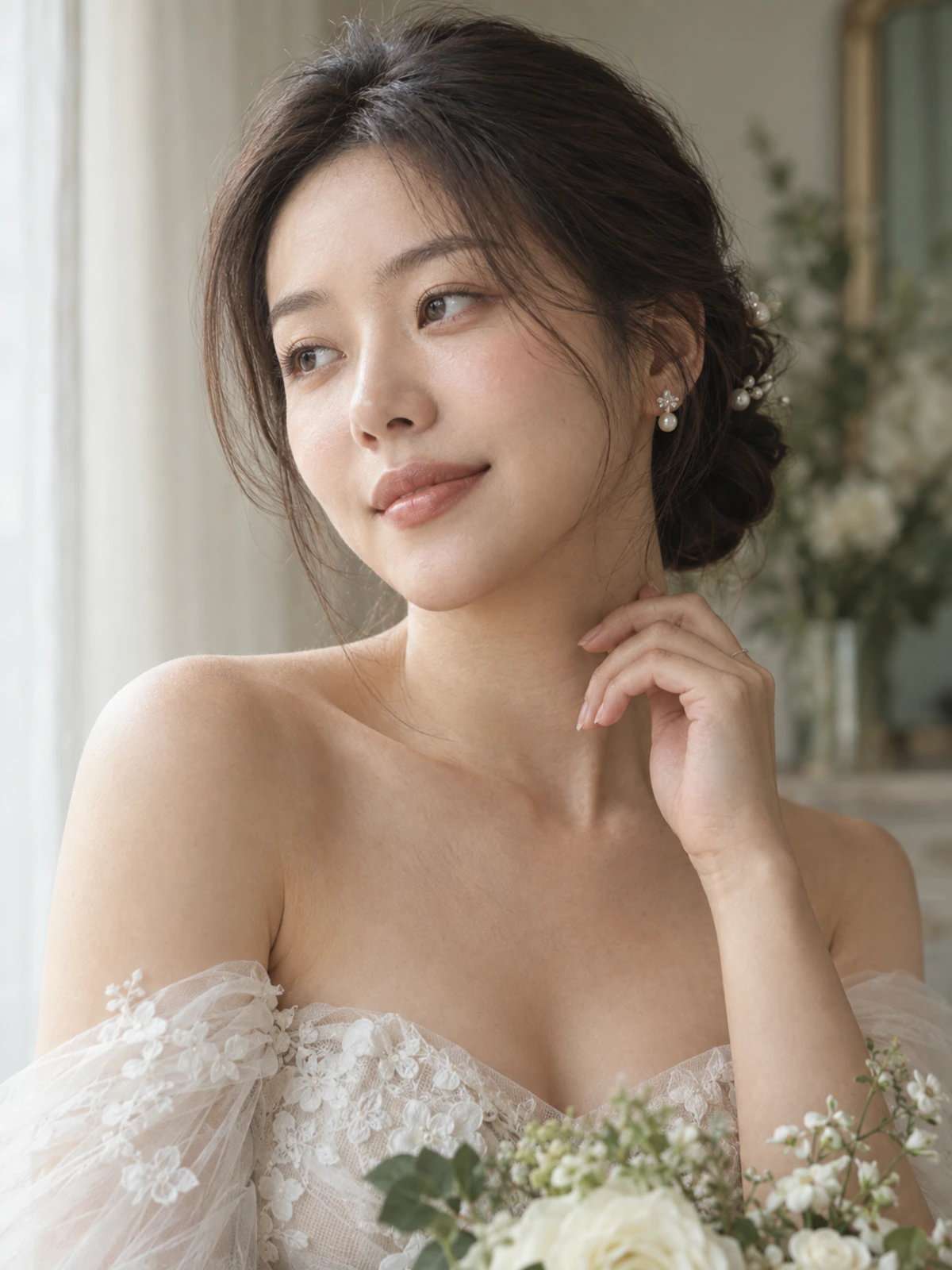 Natural bridal makeup with pearl earrings and a low bun