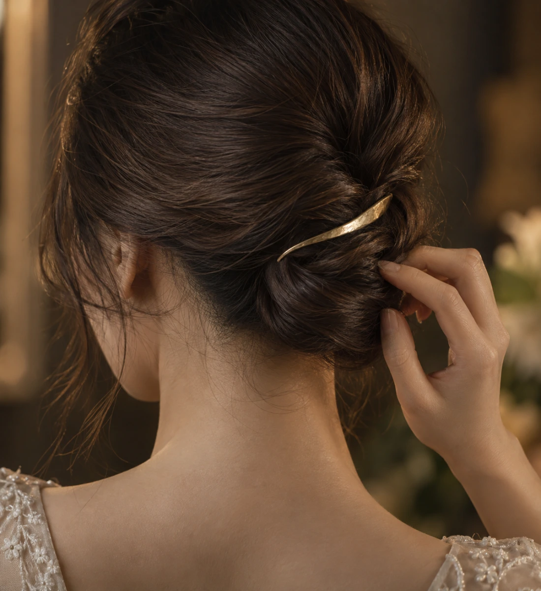 Evening hair styling with a gold detail
