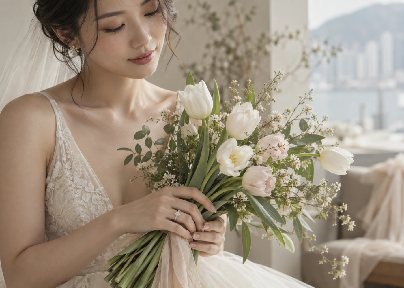 Bride holding tulips